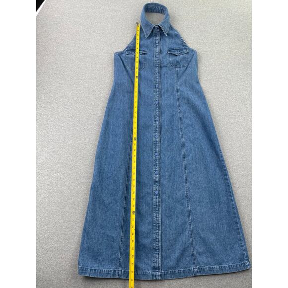 y2k 90s Vintage Denim Halter Midi Dress Size 8P Blue Button-Up Sleeveless Collar - Picture 7 of 15